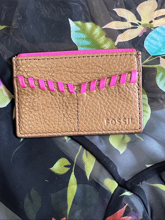 Fossil Accessories - Fossil Tan Pebbled Leather Card & Key Holder with Hot Pink Accent